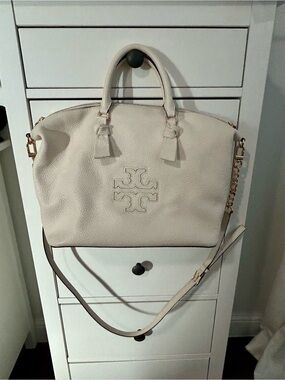 Tory Burch Cream Pebbled Leather Satchel with Chain-Accent Strap